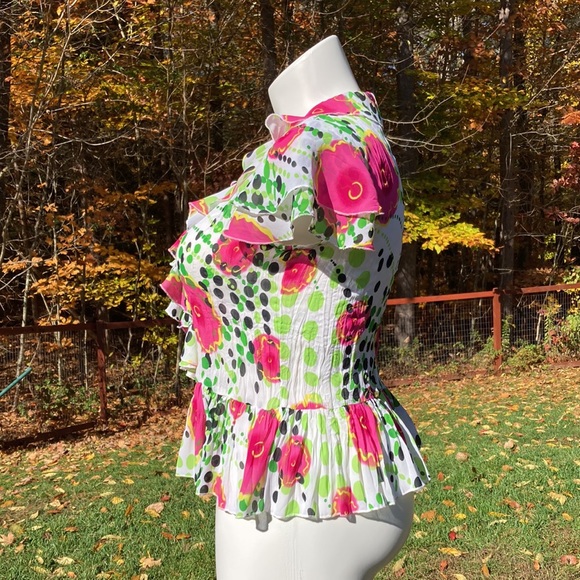 Dots and flowers flouncy ruffled V-front top size L - Picture 3 of 6